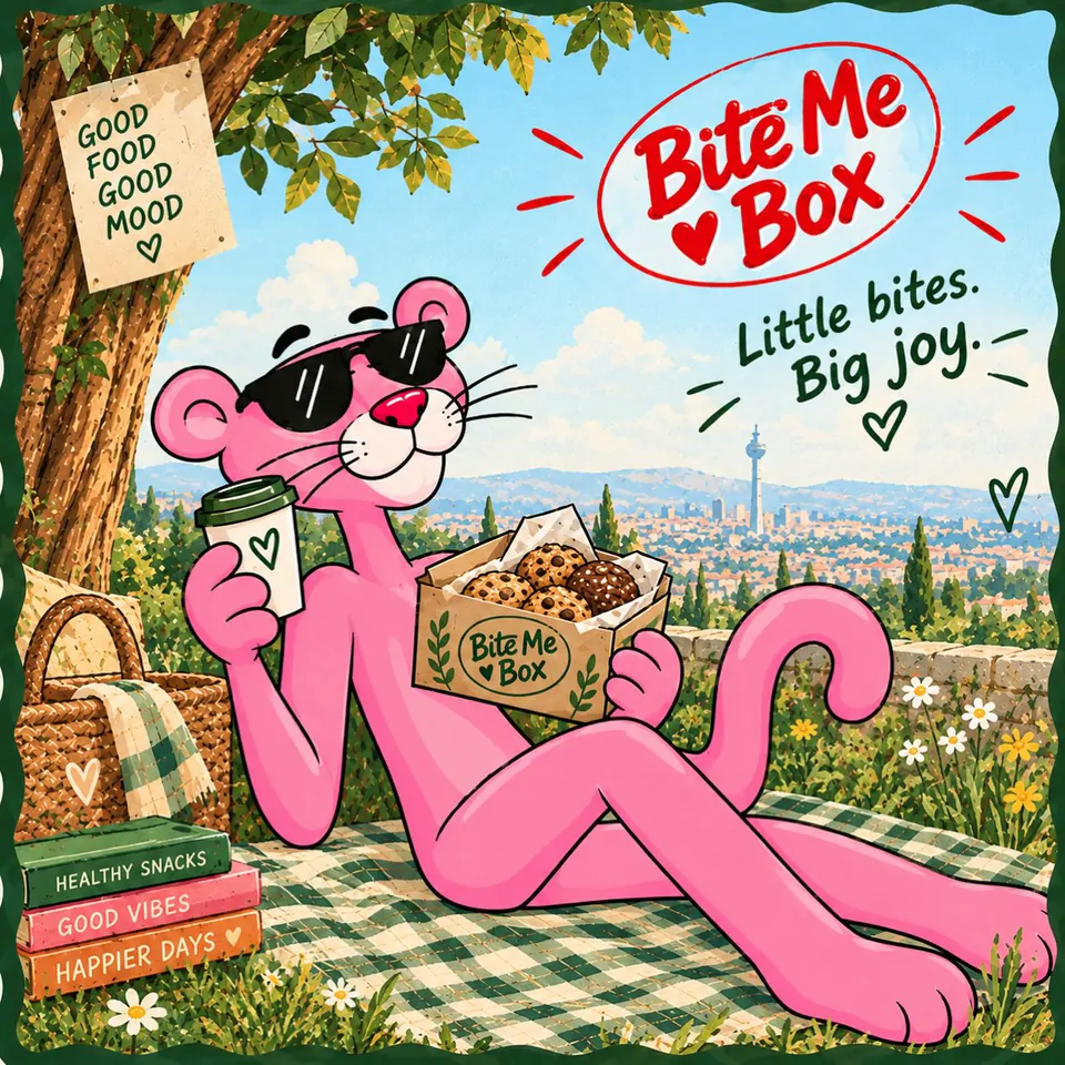Pembe panter Ankara manzaralı bir piknikte Bite Me Box kutusuyla dinleniyor