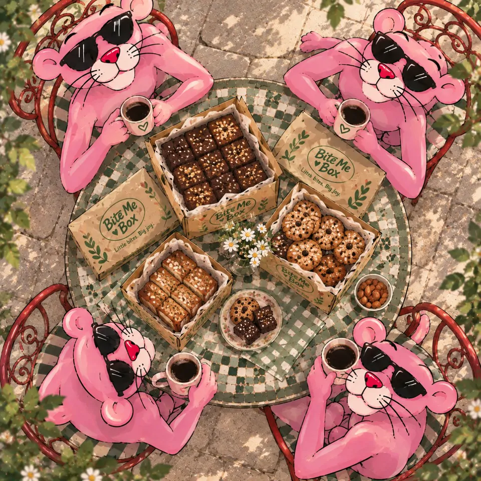 Dört pembe panter piknik masasında brownie ve kurabiye paylaşıyor